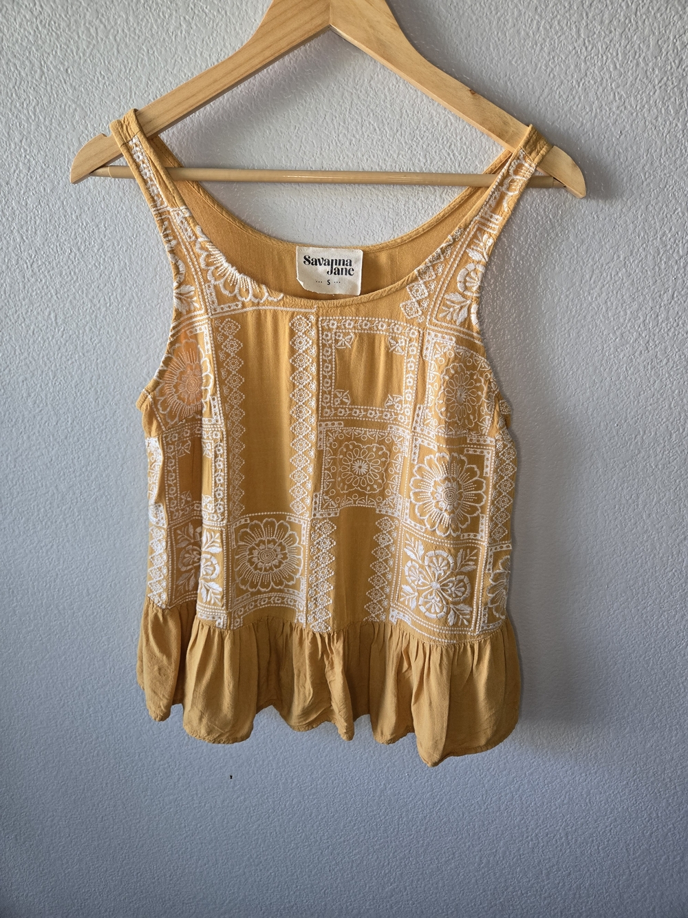 Savanna Jane Mustard Embroidered Peplum Tank Top